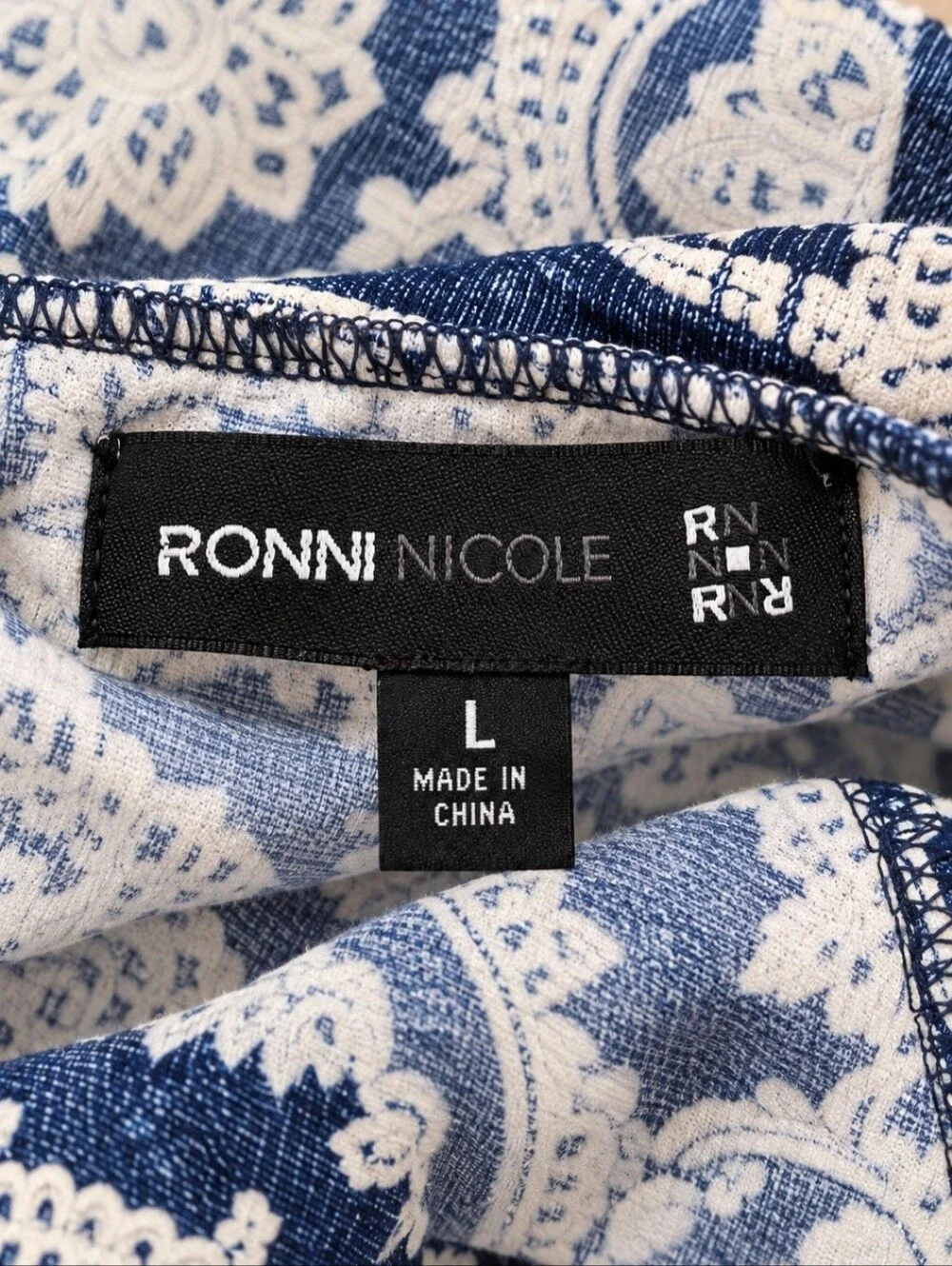 Ronni Nicole Navy & Ivory Medallion Print Tie-Sleeve Dress – Size Large
